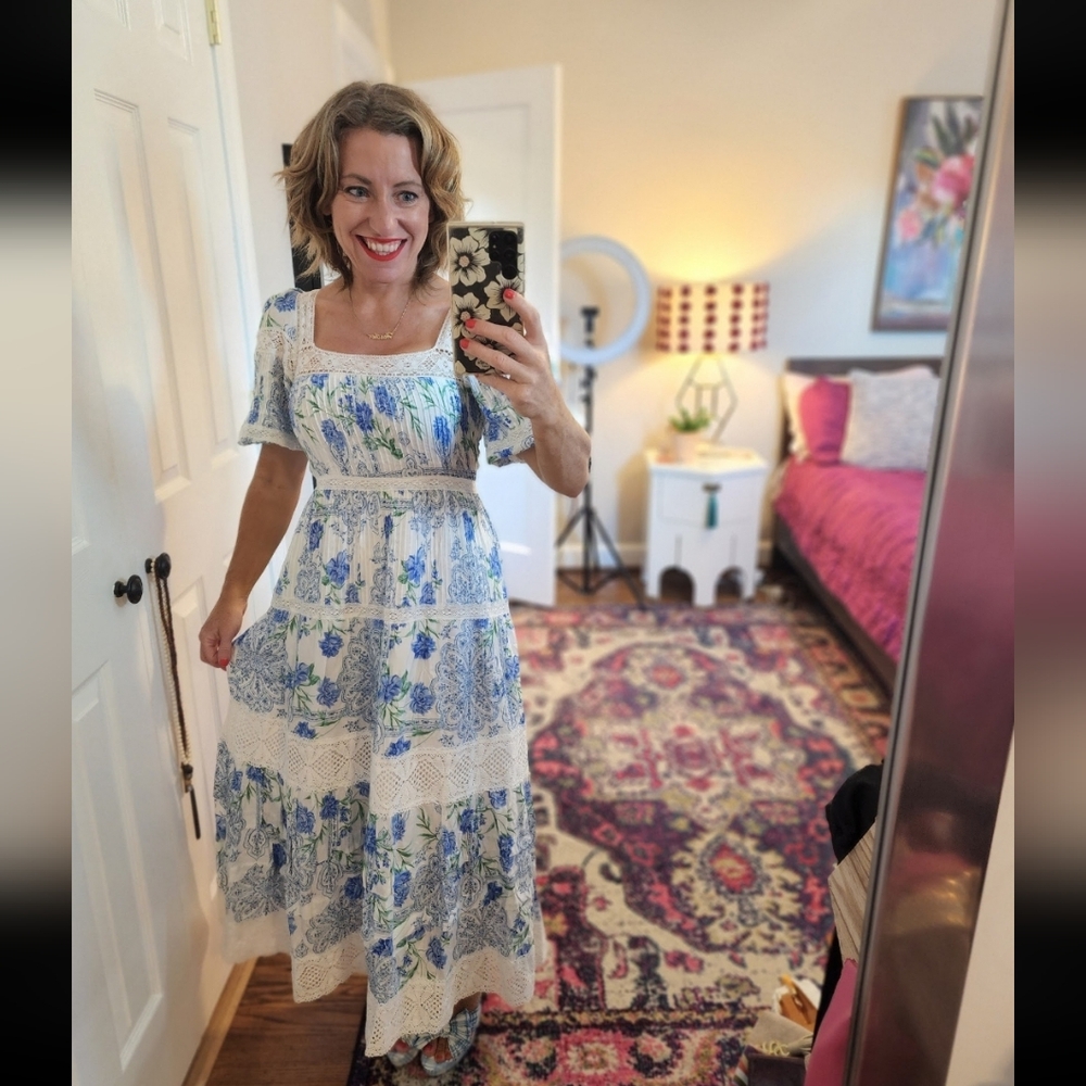 Hunter Bell Evelyn Silk Cotton Blue and White Floral Maxi Dress Size 0